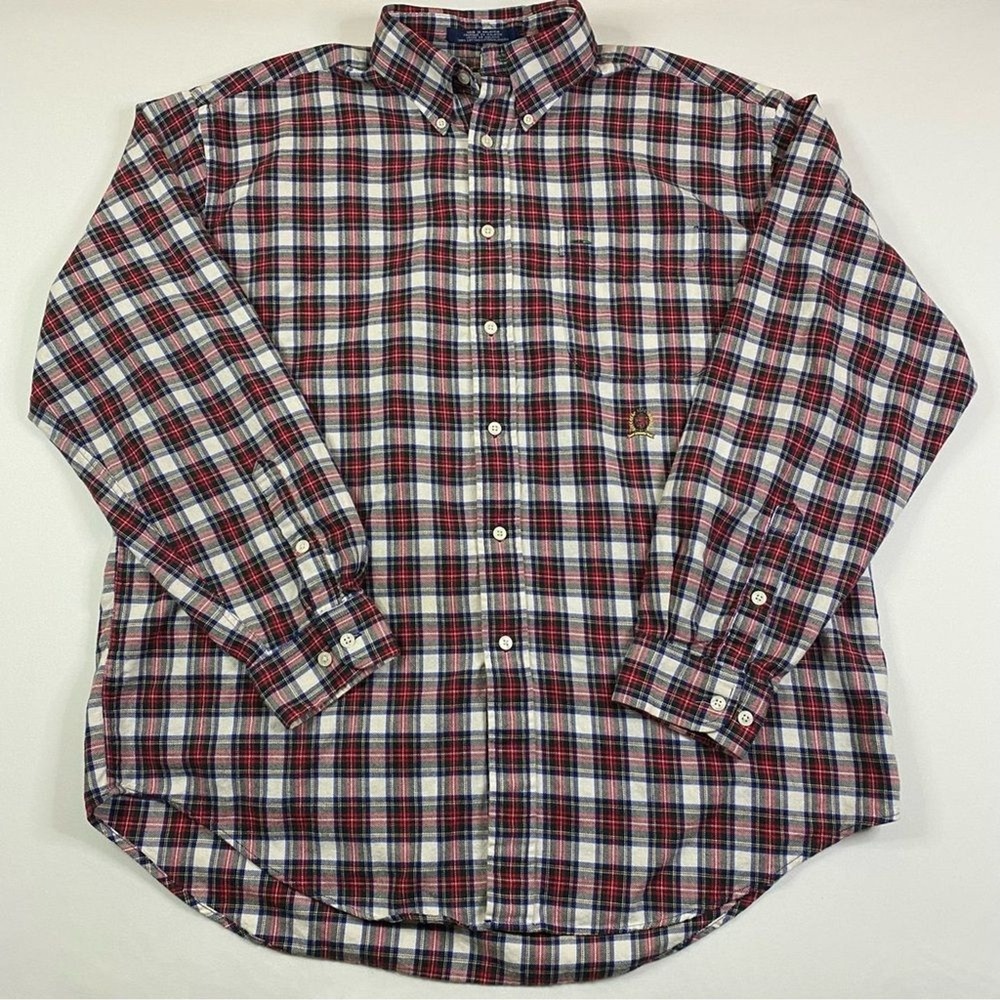 Tommy Hilfiger Flannel Shirt Men's Large Plaid Long Sleeve Embroidered Crest